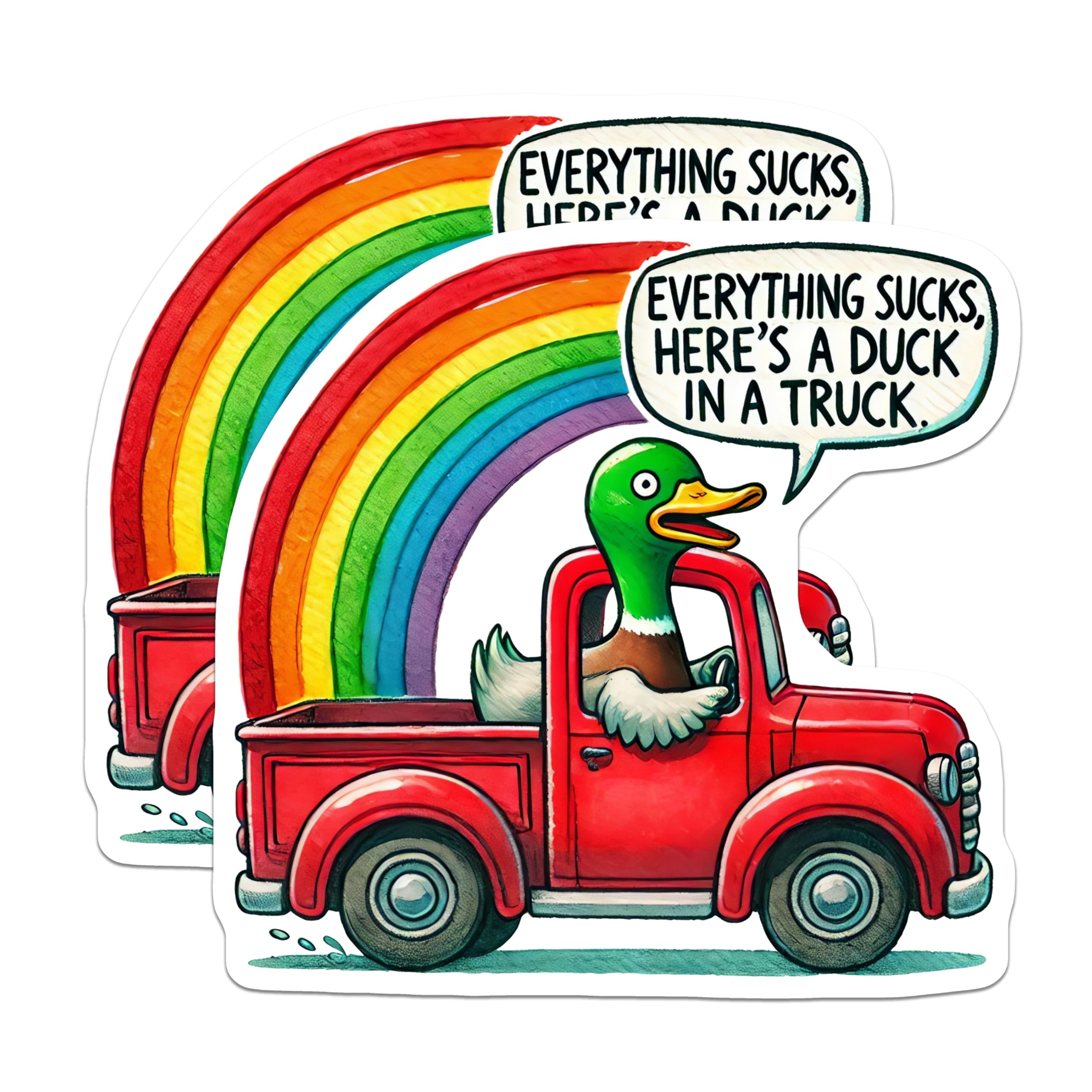 (2 Pack) Funny Duck in a Truck Stickers - Rainbow Humor - Fun Trucking Decal - 5" On Longest Side - Sticks to Smooth Flat Surfaces - Made in USA - BMCS5874