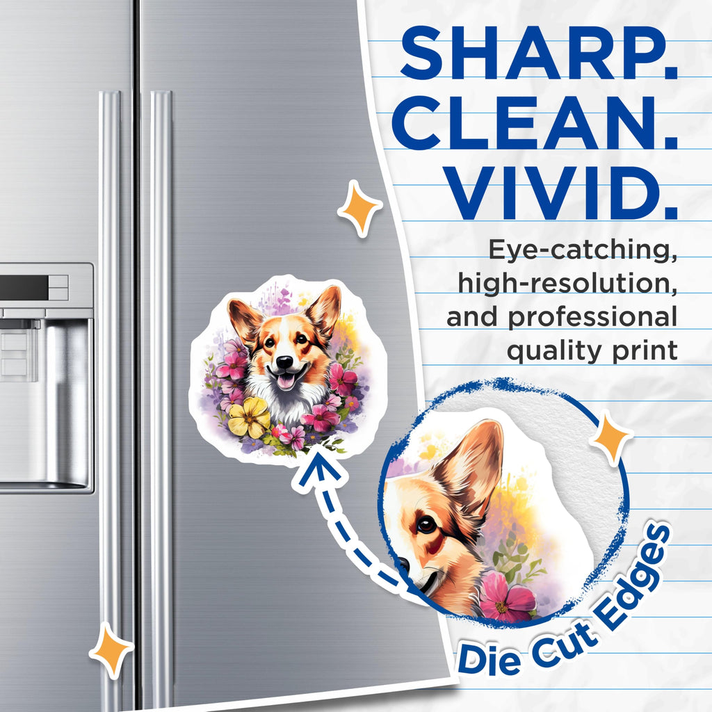 (2 Pack) Watercolor Corgi Magnets - Smiling Dog Art - Spring Flower Pet Lover Magnets - 5 Inches On Longest Side - Thick Durable Magnet - Made in USA - MAG23927