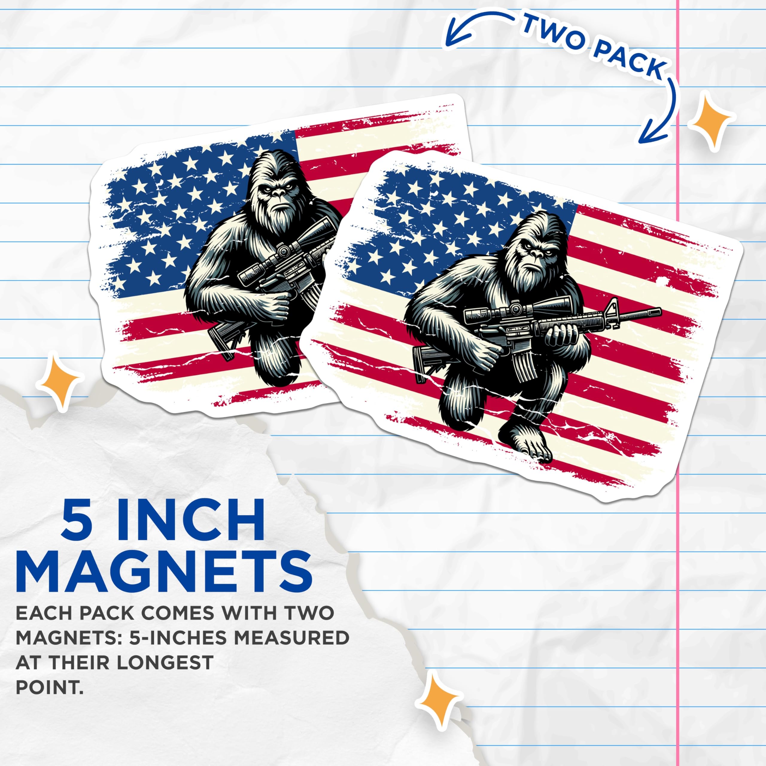 (2 Pack) Patriotic Bigfoot Magnets - American Flag Rifleman - Sasquatch Cryptid Decor - 5 Inches On Longest Side - Thick Durable Magnet - Made in USA - MAG22889