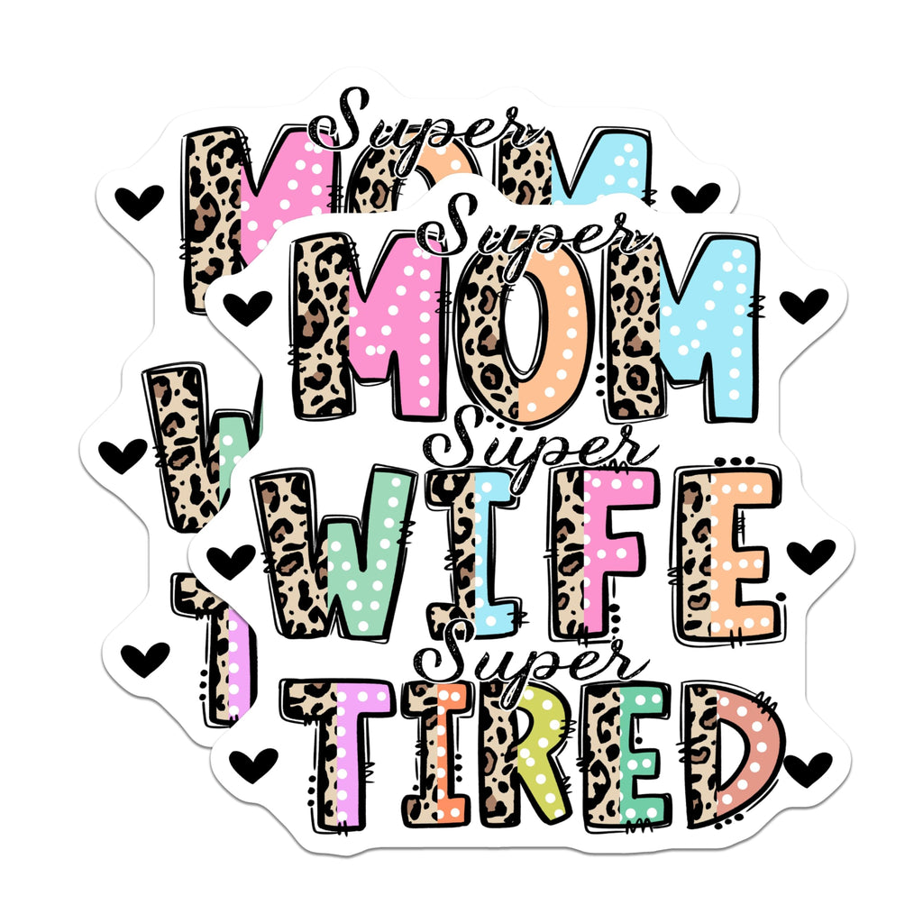 (2 Pack) Super Mom Super Wife Super Tired Magnets - Funny Mom Tired - Leopard Print Polka Dot Decor - 5 Inches On Longest Side - Thick Durable Magnet - Made in USA - MAG22792