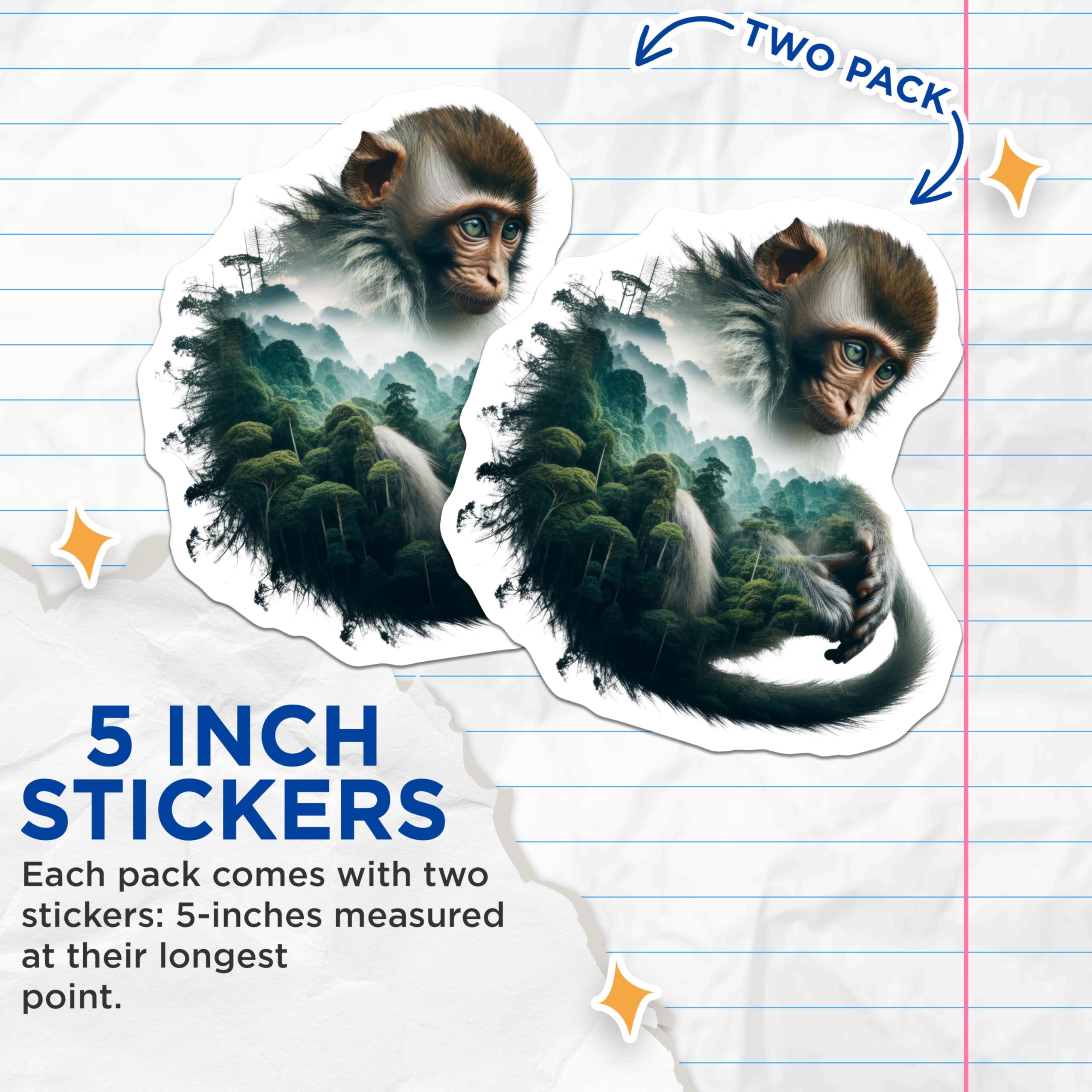 (2 Pack) Monkey Jungle Stickers - Animal Decals - Nature Inspired Illustration - 5" On Longest Side - Sticks to Smooth Flat Surfaces - Made in USA - BMCS14757