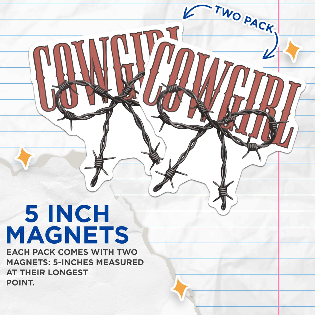 (2 Pack) Cowgirl Magnets - Western Barbed Wire Decals - Rustic Country Kitchen Decor - Southern Flair Refrigerator Accents - 5 Inches On Longest Side - Thick Durable Magnet - Made in USA - MAG20682