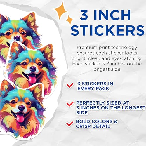 (3 Pack) Pomeranian Dog Decals - Colorful Pomeranian Stickers - Laptop Dog Decal - 3 Inches On Longest Side - Easy Peel & Apply - Made in USA - 3MCS0794
