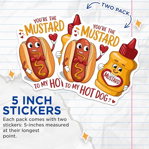 (2 Pack) Funny Hot Dog and Mustard Stickers - Cute Couple Food Stickers - Adorable Humor Stickers - 5" On Longest Side - Sticks to Smooth Flat Surfaces - Made in USA - BMCS5206