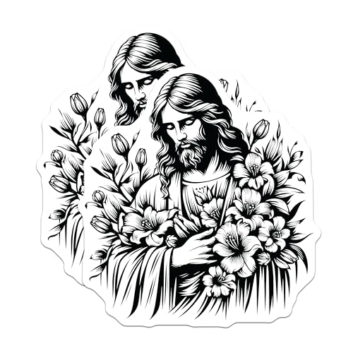 (2 Pack) Religious Art Stickers - Jesus Floral Sticker - Christian Decor - 5" On Longest Side - Sticks to Smooth Flat Surfaces - Made in USA - BMCS7315