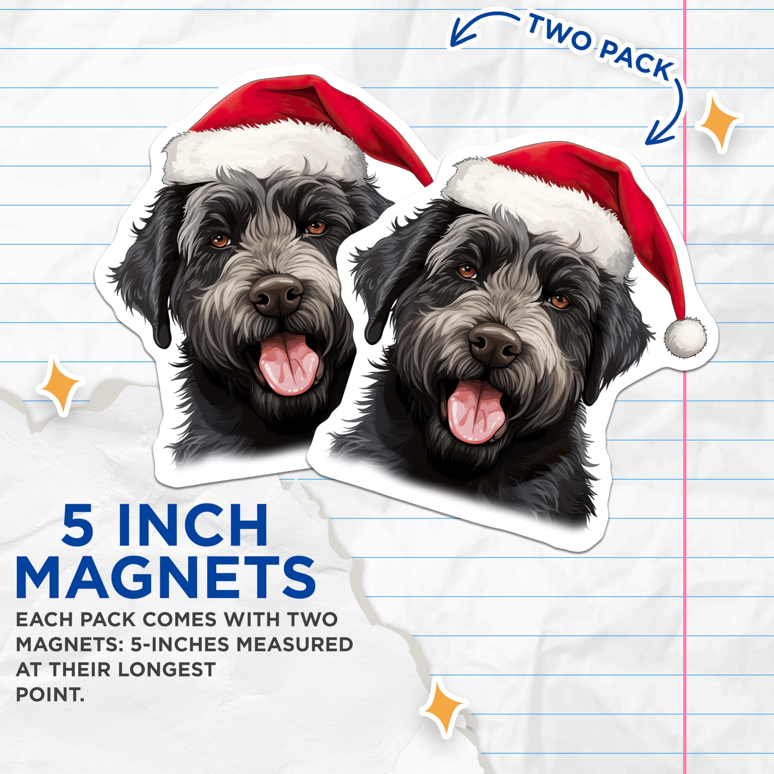 (2 Pack) Shaggy Christmas Dog Magnets - Santa Hat Pet Decor - Holiday Animal Lover Refrigerator Art - 5 Inches On Longest Side - Thick Durable Magnet - Made in USA - MAG28444