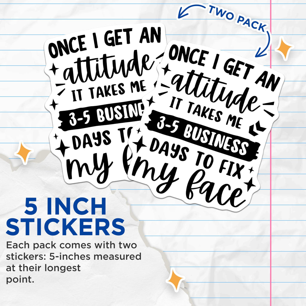 (2 Pack) Attitude Stickers - Funny Business Sticker - Fix My Face Sticker Decal for Laptop Water Bottle - 5" On Longest Side - Sticks to Smooth Flat Surfaces - Made in USA - BMCS5787