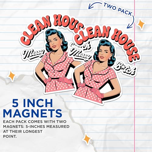 (2 Pack) Clean House Magnets - Sassy Kitchen Magnets - Retro Housewife Magnets - Funny Home Decor Magnets- 5" On Longest Side - for Fridges, Toolboxes, Cars - Made in USA - MAG2942