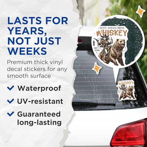 (2 Pack) Funny Western Themed Stickers - Whiskey Drinking Cowboy Sticker - Rancher with Bear Sticker - 5" On Longest Side - Sticks to Smooth Flat Surfaces - Made in USA - BMCS7102