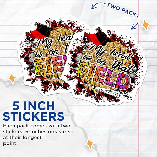 (2 Pack) My Heart is On That Field Stickers - Baseball Mom Decal - Sports Supporter Art - 5" On Longest Side - Sticks to Smooth Flat Surfaces - Made in USA - BMCS5683