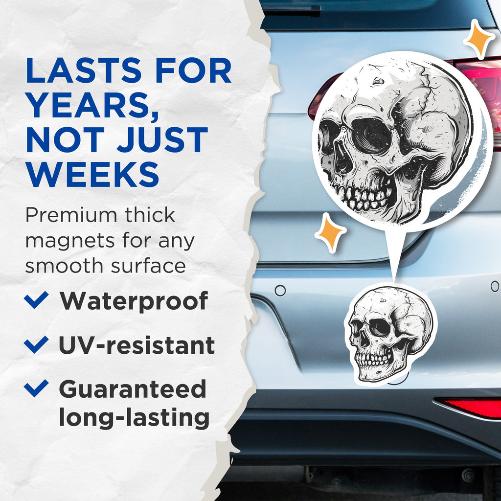 (2 Pack) Skull Head Magnets - Gothic Home Decor - Macabre Kitchen Magnets - Spooky Locker Accessories - 5 Inches On Longest Side - Thick Durable Magnet - Made in USA - MAG37681