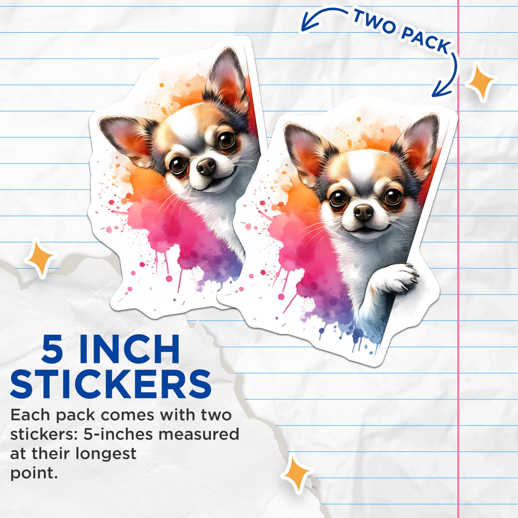 (2 Pack) Chihuahua Stickers - Watercolor Dog Stickers - Cute Pet Decals - 5" On Longest Side - Sticks to Smooth Flat Surfaces - Made in USA - BMCS15029