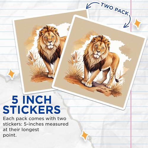 (2 Pack) Lion Illustration Stickers - Wildlife Art - Animal Lover Sticker Pack - 5" On Longest Side - Sticks to Smooth Flat Surfaces - Made in USA - BMCS8699 - Nature Decor