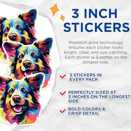 (3 Pack) Colorful Border Collie Decals - Dog Breed Stickers - Laptop Decal - 3 Inches On Longest Side - Easy Peel & Apply - Made in USA - 3MCS0830