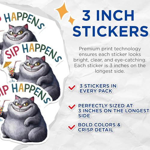 (3 Pack) Sip Happens Cat Decals - Funny Feline - Cocktail Drink Decals - 3 Inches On Longest Side - Easy Peel & Apply - Made in USA - 3MCS7977