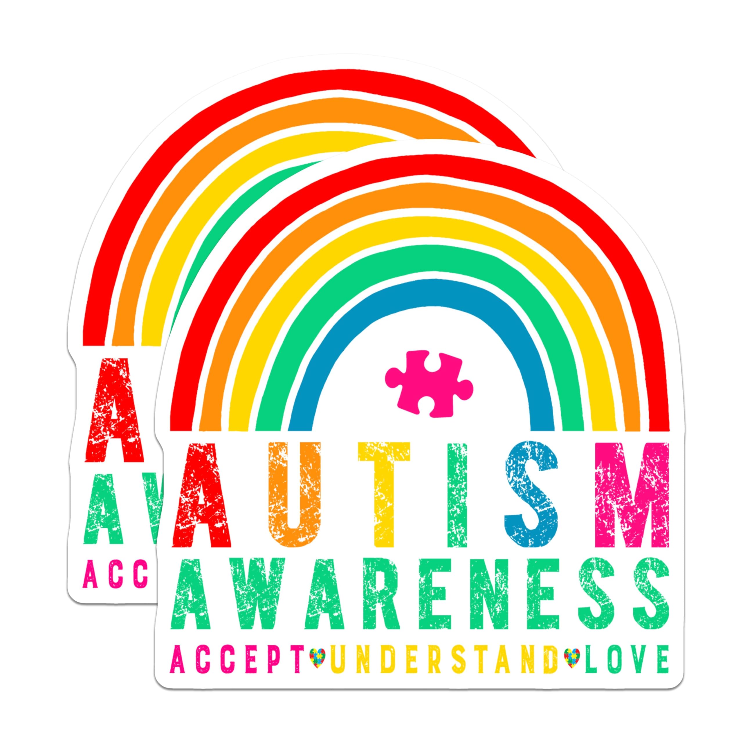 (2 Pack) Autism Awareness Magnets - Accept Understand Love - Rainbow Puzzle Piece Design - 5" On Longest Side - for Cars, Fridges, Toolboxes - Made in USA - MAG3815