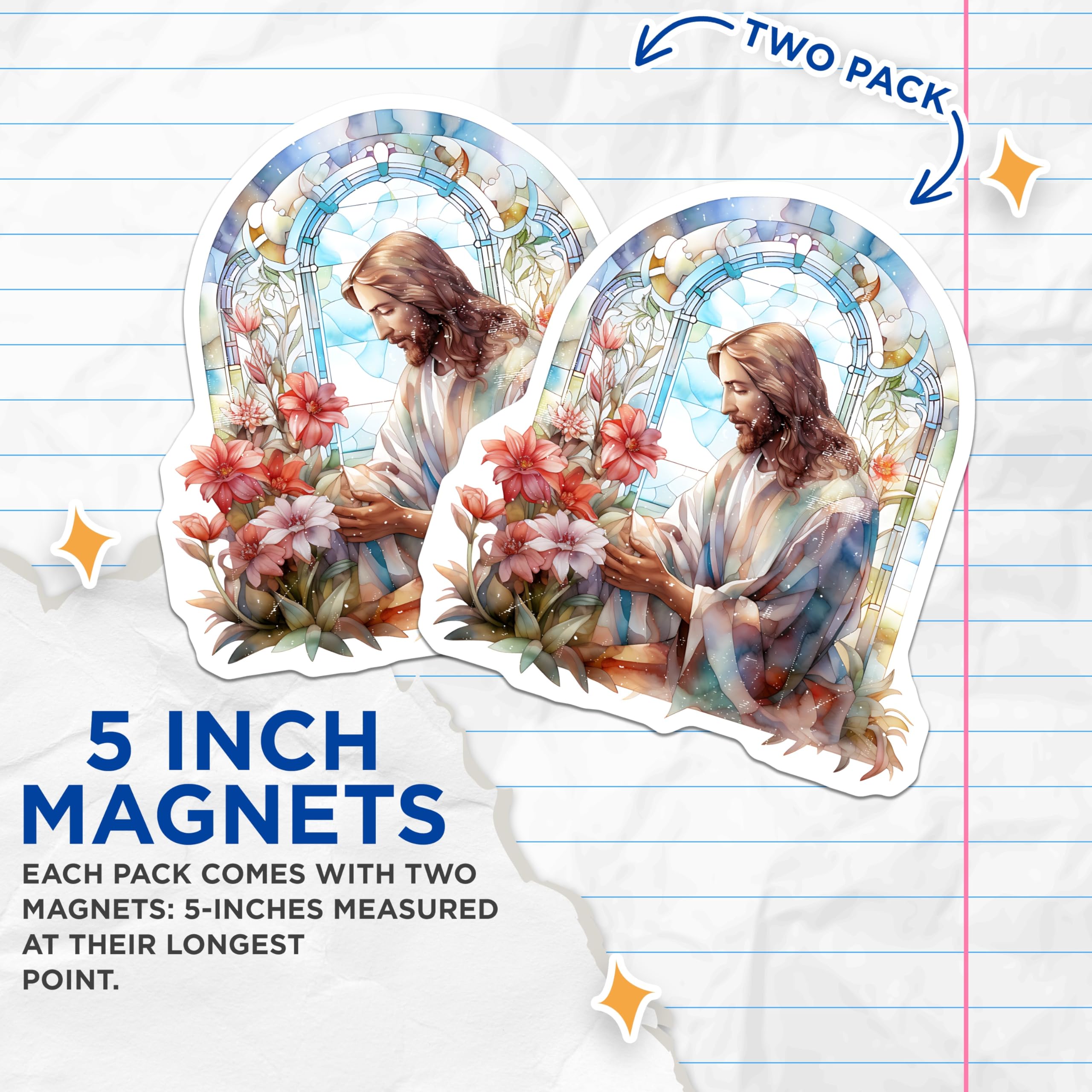 (2 Pack) Jesus Magnets - Stained Glass Watercolor Art - Christian Faith Decor - 5 Inches On Longest Side - Thick Durable Magnet - Made in USA - MAG30908