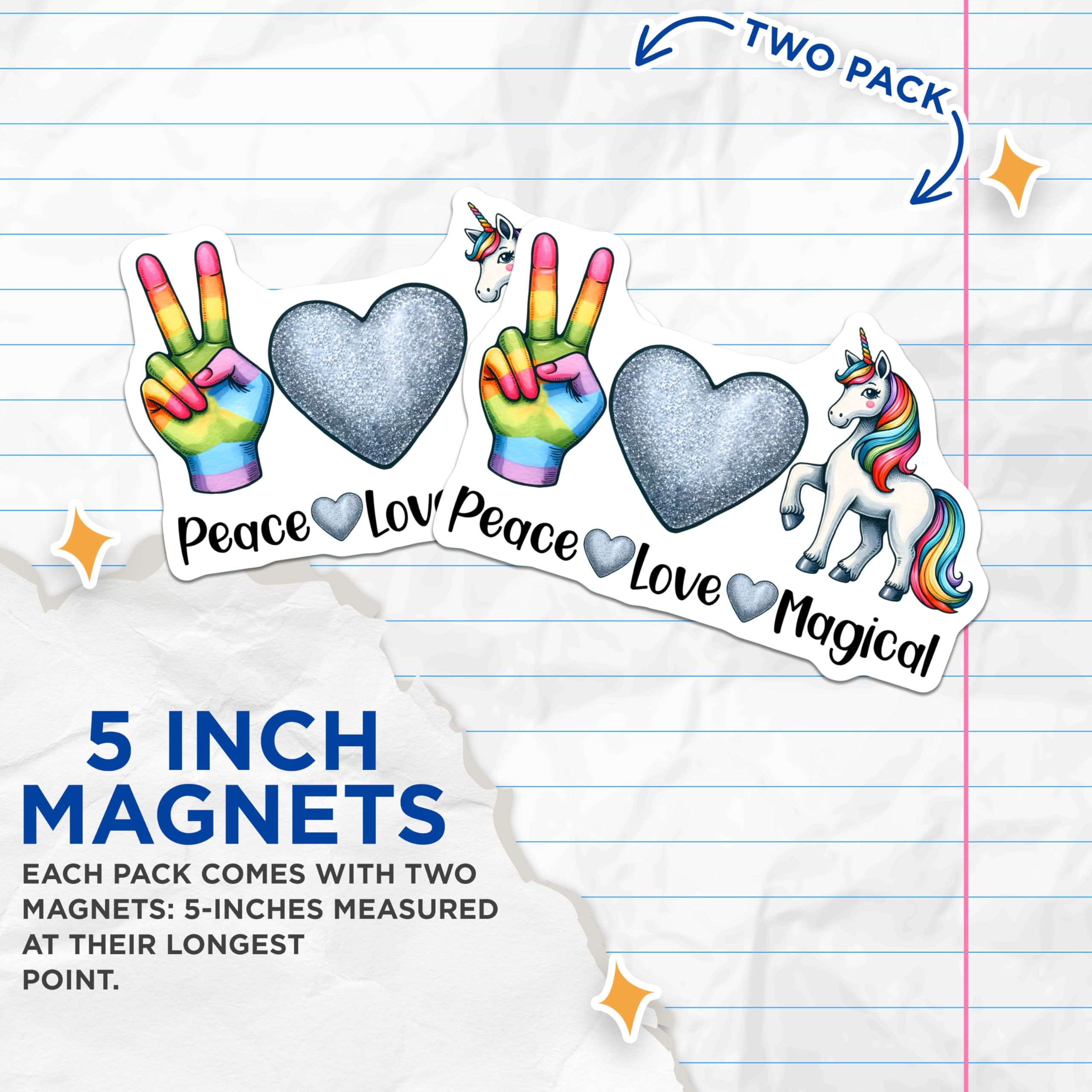 (2 Pack) Peace Love Magical Magnets - Rainbow Unicorn - 5" On Longest Side - for Cars, Fridges, Toolboxes - Made in USA - MAG8058
