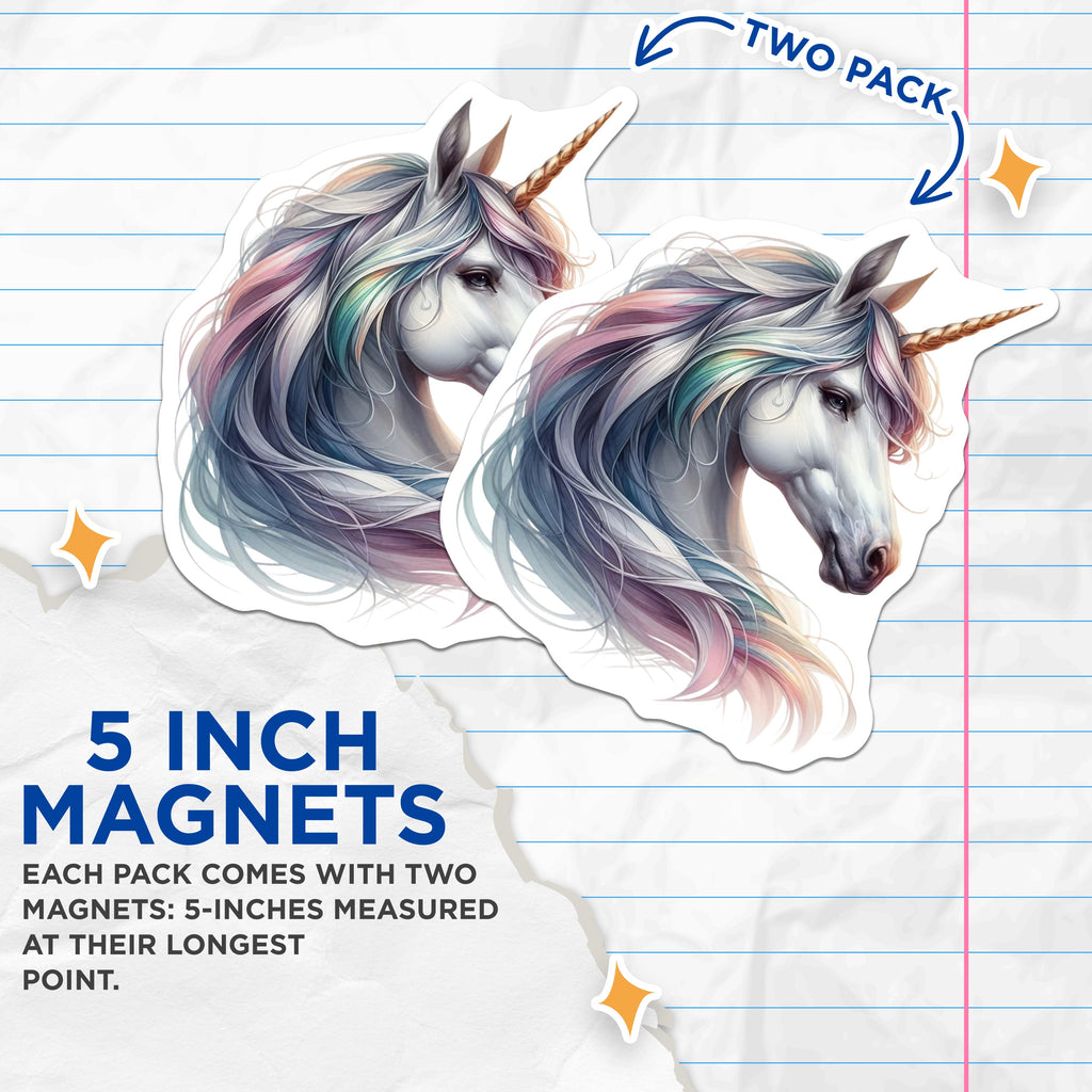 (2 Pack) Magical Unicorn Head Magnets - Fantasy Pastel Rainbow Mane - Whimsical Mythical Creature Refrigerator Decor - 5 Inches On Longest Side - Thick Durable Magnet - Made in USA - MAG37083