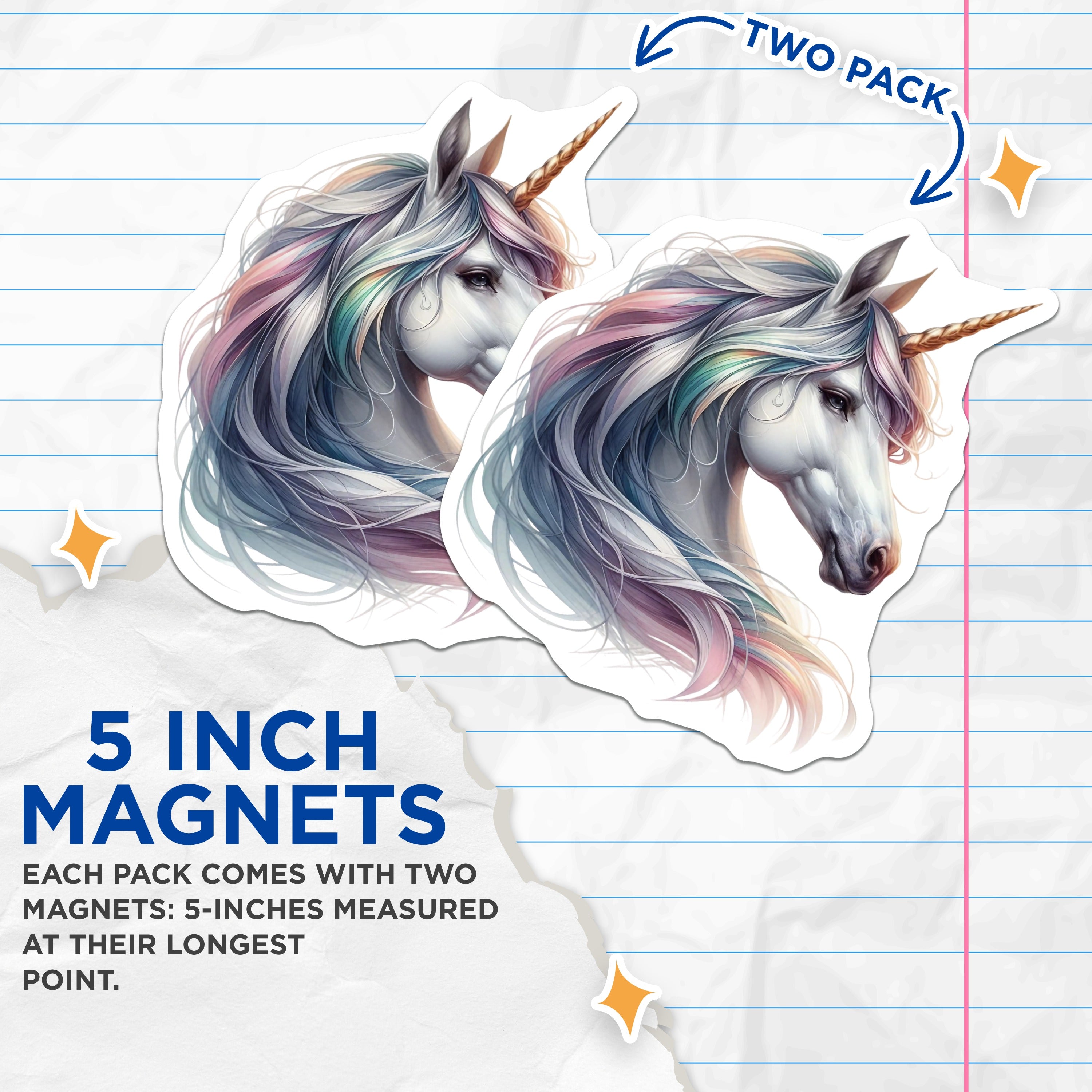 (2 Pack) Magical Unicorn Head Magnets - Fantasy Pastel Rainbow Mane - Whimsical Mythical Creature Refrigerator Decor - 5 Inches On Longest Side - Thick Durable Magnet - Made in USA - MAG37083