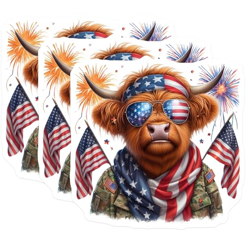 (3 Pack) Patriotic Highland Cow Decals - American Flag - Fourth of July- 3 Inches On Longest Side - Easy Peel & Apply - Made in USA - 3MCS5101