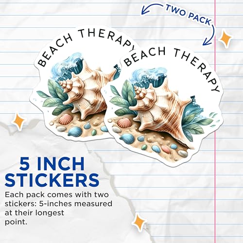 (2 Pack) Beach Therapy Stickers - Sea Shell Decal - Ocean Inspired - 5" On Longest Side - Sticks to Smooth Flat Surfaces - Made in USA - BMCS9278