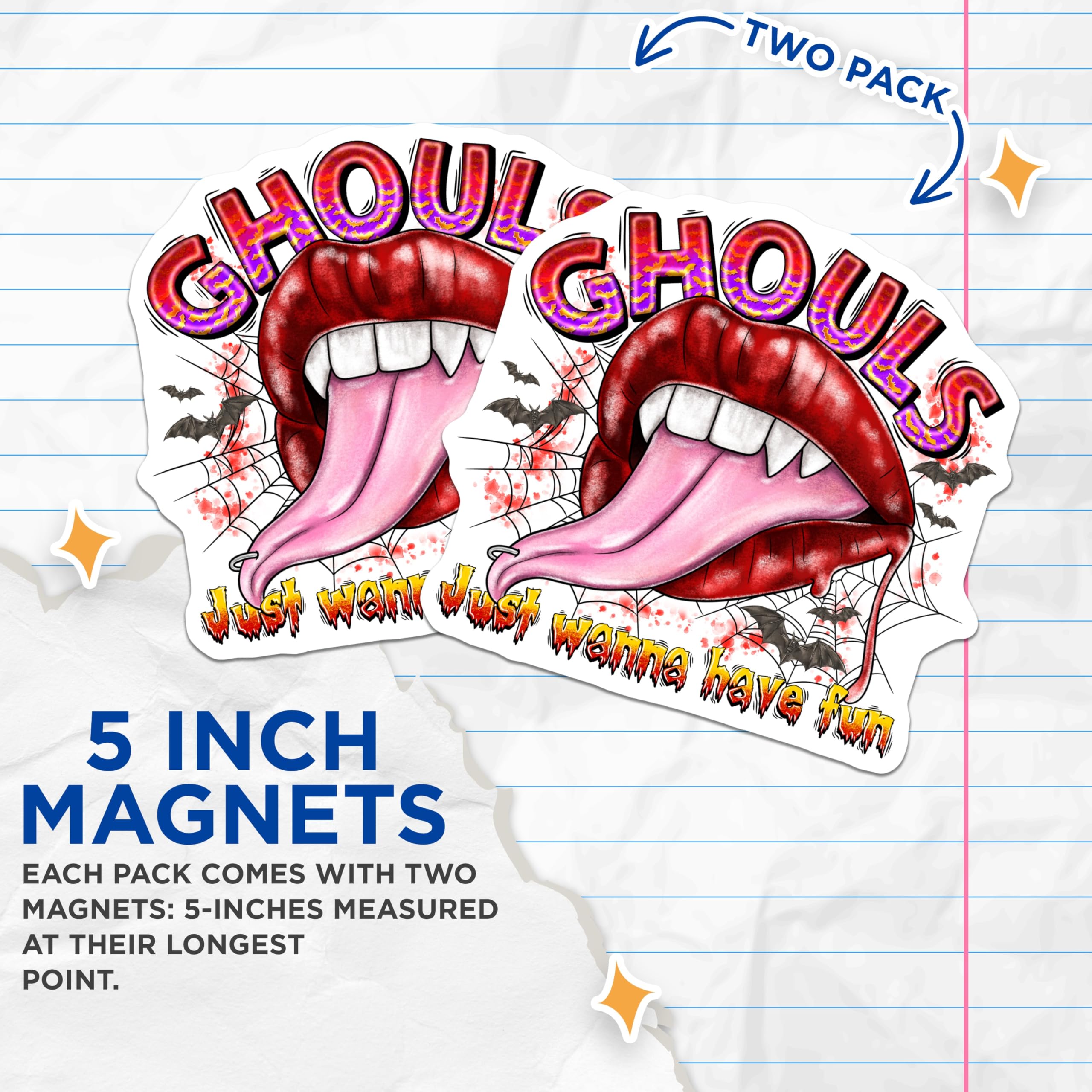 (2 Pack) Ghouls Just Wanna Have Fun Magnets - Edgy Vampire Lips Fangs - Spooky Bat Spiderweb Halloween Refrigerator Decor - 5 Inches On Longest Side - Thick Durable Magnet - Made in USA - MAG24689