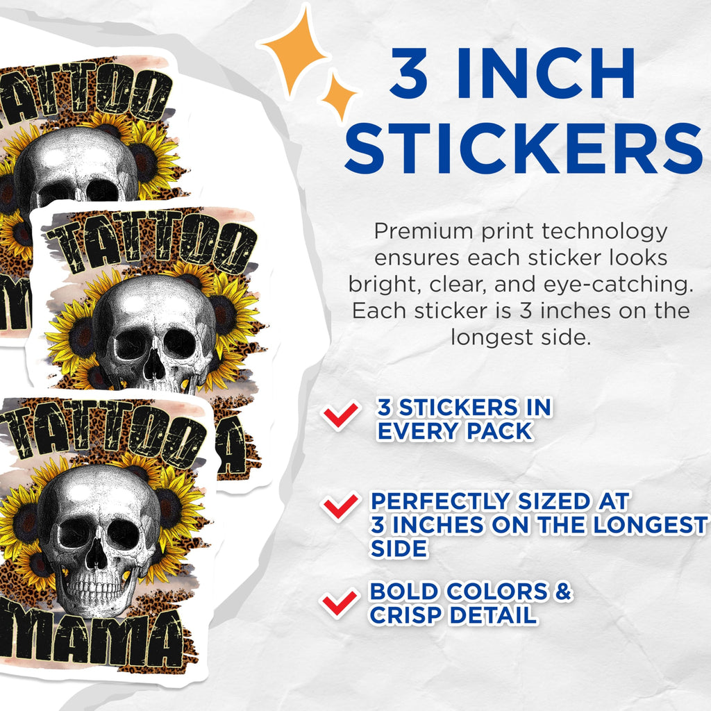 (3 Pack) Tattoo Mama Decals - Sunflower Skull - Leopard Print Decals - 3 Inches On Longest Side - Easy Peel & Apply - Made in USA - 3MCS4454