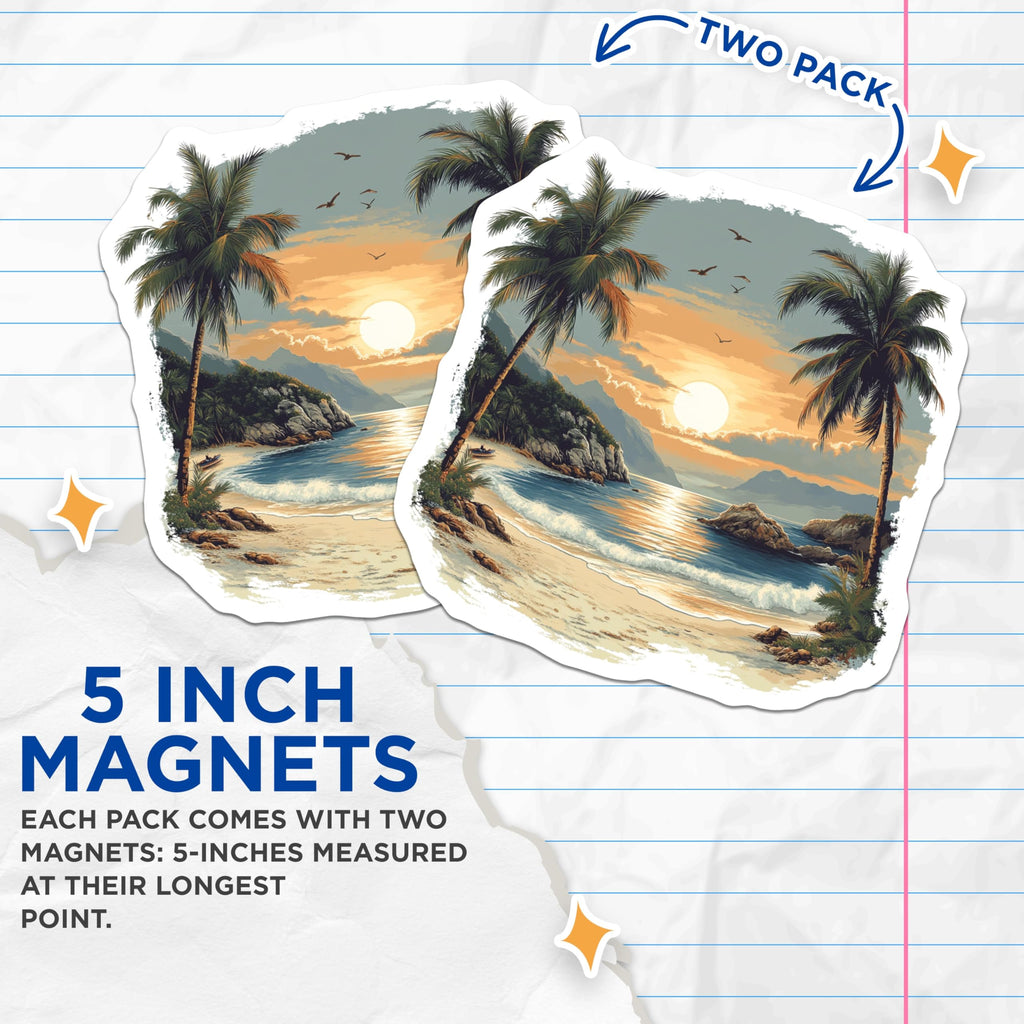 (2 Pack) Scenic Beach Magnets - Tropical Ocean Sunset Decor - Coastal Housewarming Present for Travel Lover - 5 Inches On Longest Side - Thick Durable Magnet - Made in USA - MAG28108