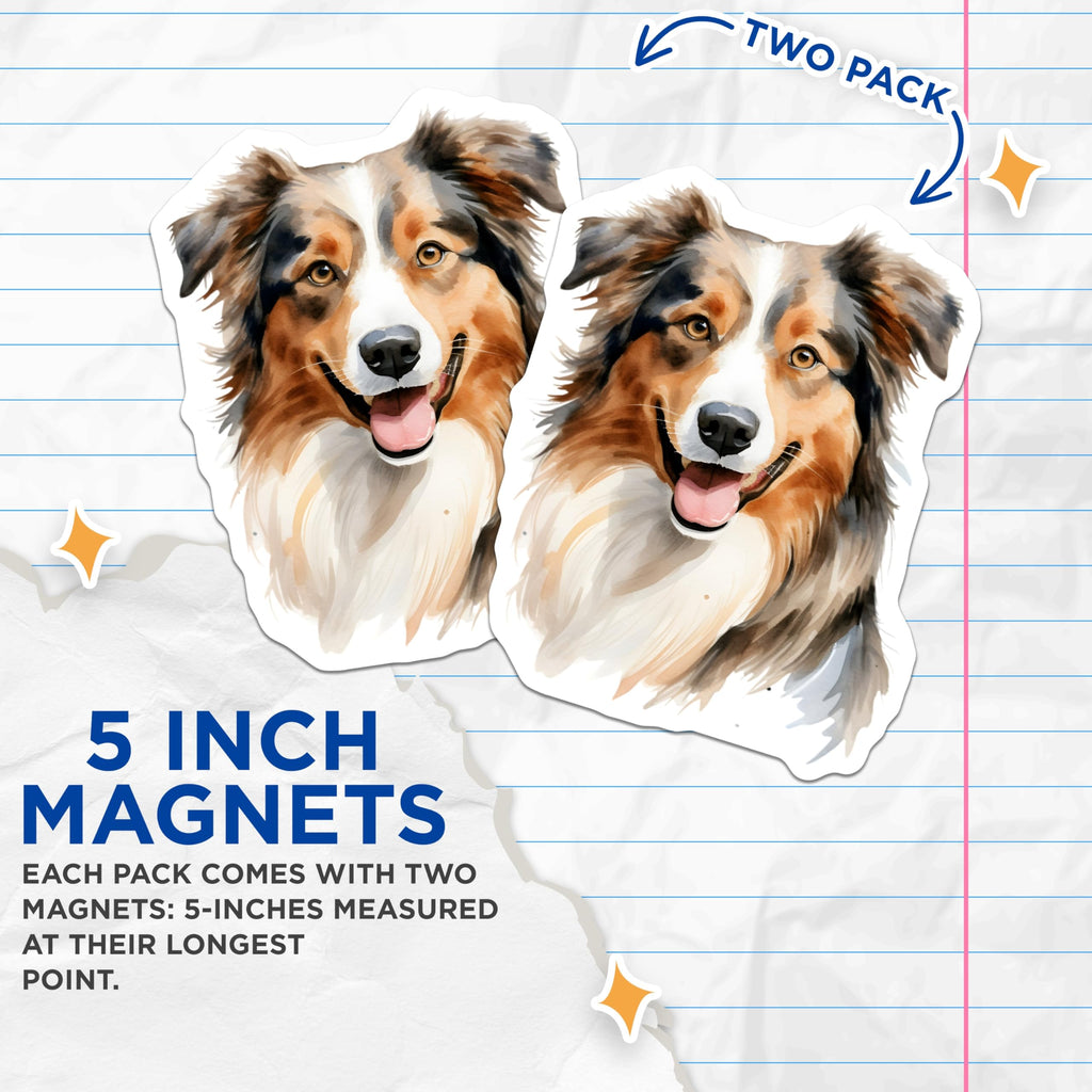 (2 Pack) Australian Shepherd Magnets - Watercolor Dog Art - Aussie Dog Lover Decor - 5 Inches On Longest Side - Thick Durable Magnet - Made in USA - MAG25989