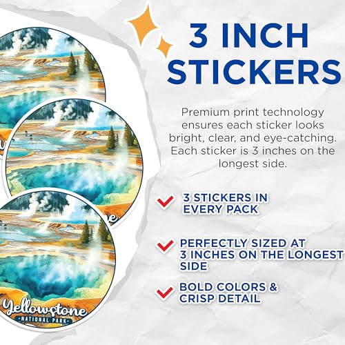 (3 Pack) Yellowstone National Park Decals - Laptop Decal - Grand Prismatic Spring Sticker - 3 Inches On Longest Side - Easy Peel & Apply - Made in USA - 3MCS0505