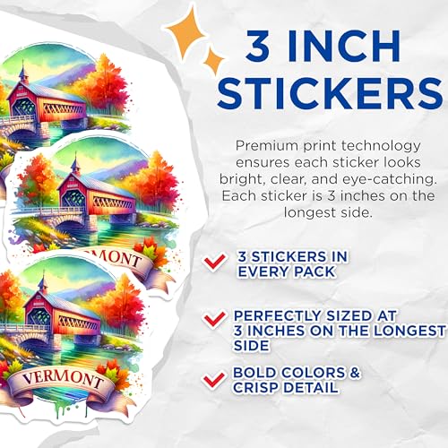 (3 Pack) Vermont Decals - Covered Bridge Art - Autumn Leaves Sticker- 3 Inches On Longest Side - Easy Peel & Apply - Made in USA - 3MCS5778