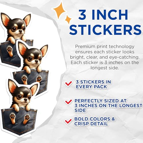 (3 Pack) Chihuahua Decals - Pocket Pup - Dog Breed - Laptop Decals - 3 Inches On Longest Side - Easy Peel & Apply - Made in USA - 3MCS2735