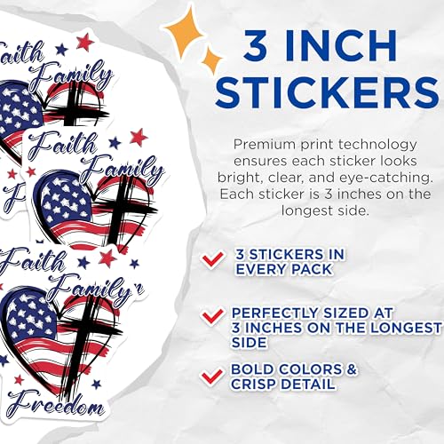(3 Pack) Faith Family Freedom Decals - Patriotic Decal - Christian American Decals - 3 Inches On Longest Side - Easy Peel & Apply - Made in USA - 3MCS7135