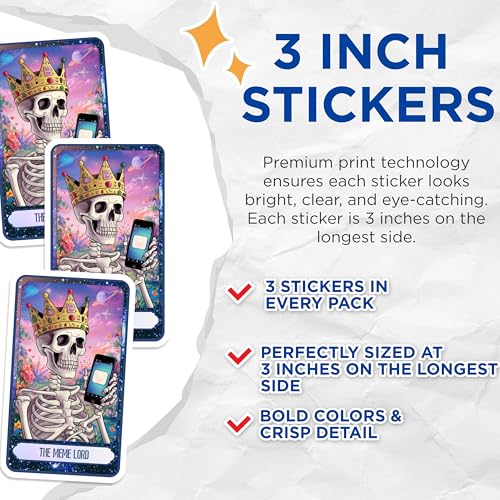 (3 Pack) Meme Lord Decals - Skeleton King Decal - Laptop Decals - 3 Inches On Longest Side - Easy Peel & Apply - Made in USA - 3MCS0030
