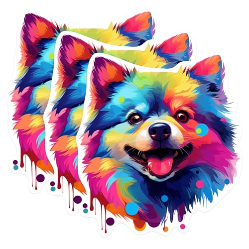 (3 Pack) Colorful Pomeranian Decals - Dog Breed Art - Laptop Stickers - 3 Inches On Longest Side - Easy Peel & Apply - Made in USA - 3MCS0792