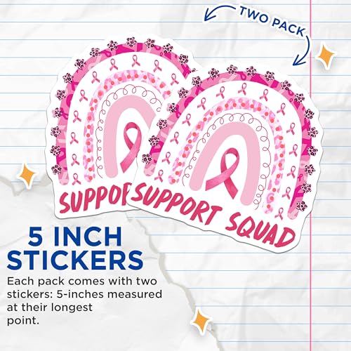 (2 Pack) Support Squad Stickers - Pink Ribbon Awareness Decals - Breast Cancer Awareness Stickers - 5" On Longest Side - Sticks to Smooth Flat Surfaces - Made in USA - BMCS4740