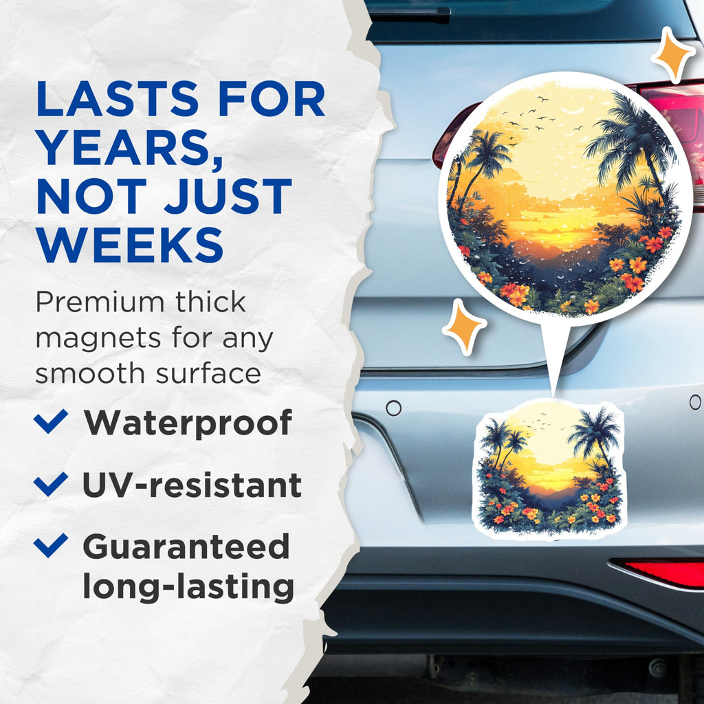 (2 Pack) Tropical Sunset Magnets - Palm Tree Beach Landscape - Exotic Island Flowers Birds - Vibrant Horizon Scenery - 5 Inches On Longest Side - Thick Durable Magnet - Made in USA - MAG24568
