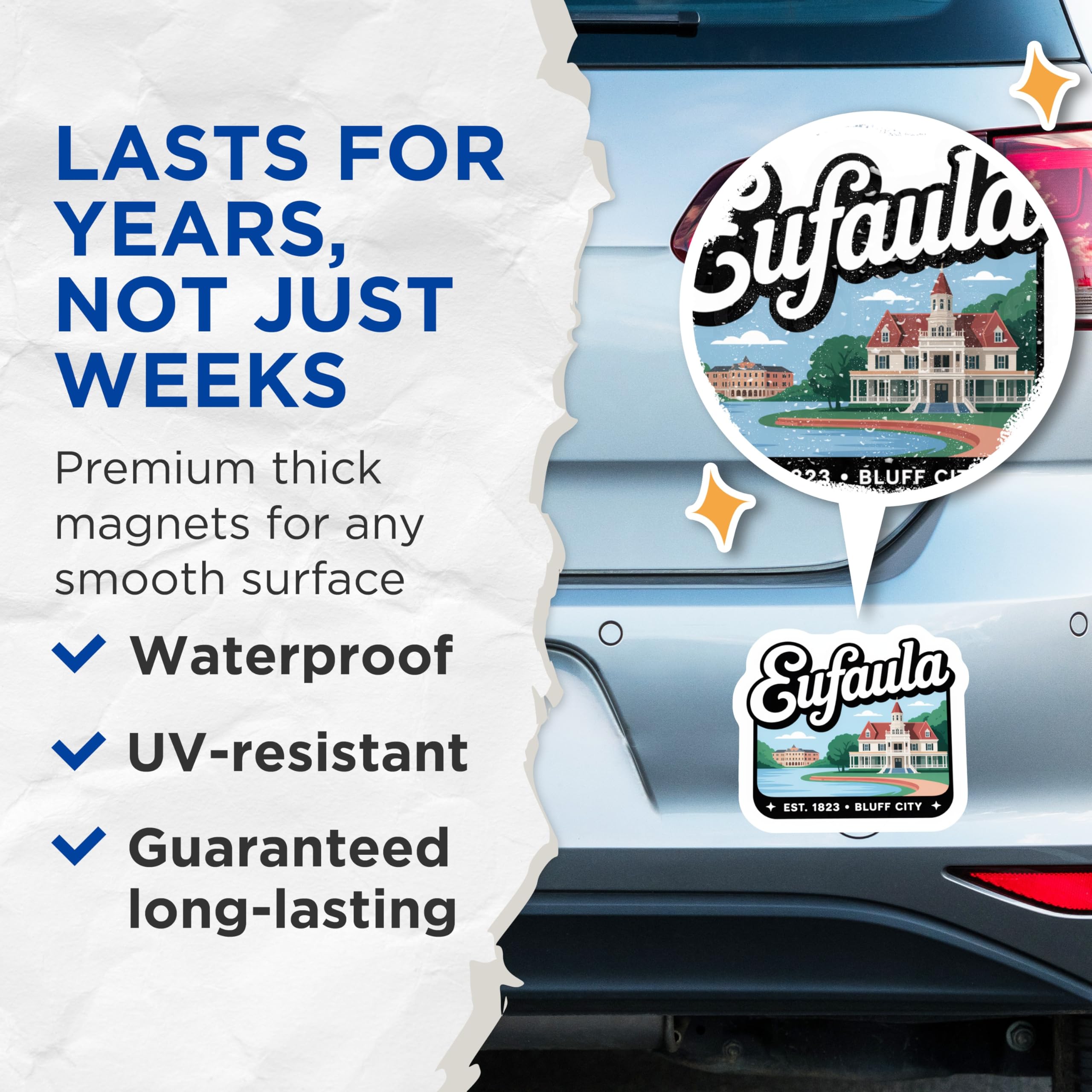 (2 Pack) Eufaula Alabama Magnets - Historic Landmarks - Bluff City Souvenir - 5" On Longest Side - Premium Magnet - for Cars, Refrigerators, Toolboxes, Lockers - Made in USA - MAG18765