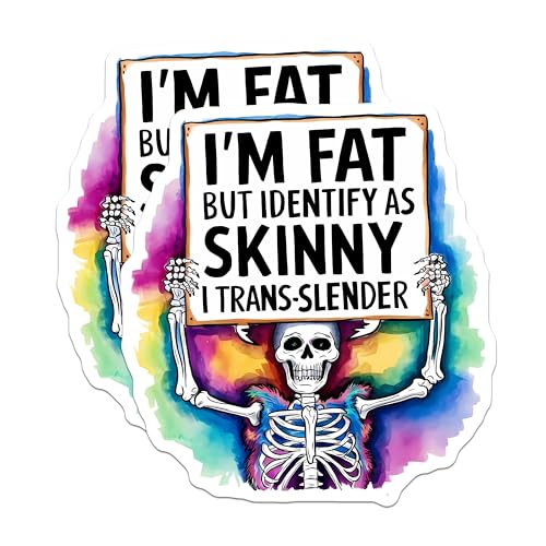 (2 Pack) Funny Skeleton Stickers - I'm Fat But Identify As Skinny - Rainbow Pride Stickers - 5" On Longest Side - Sticks to Smooth Flat Surfaces - Made in USA - BMCS4403