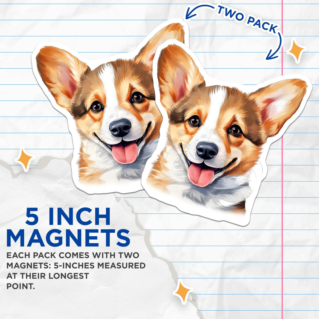 (2 Pack) Corgi Magnets - Happy Dog Face Decor - Pet Lover Refrigerator Accessory - Animal Enthusiast Locker - 5 Inches On Longest Side - Thick Durable Magnet - Made in USA - MAG29341