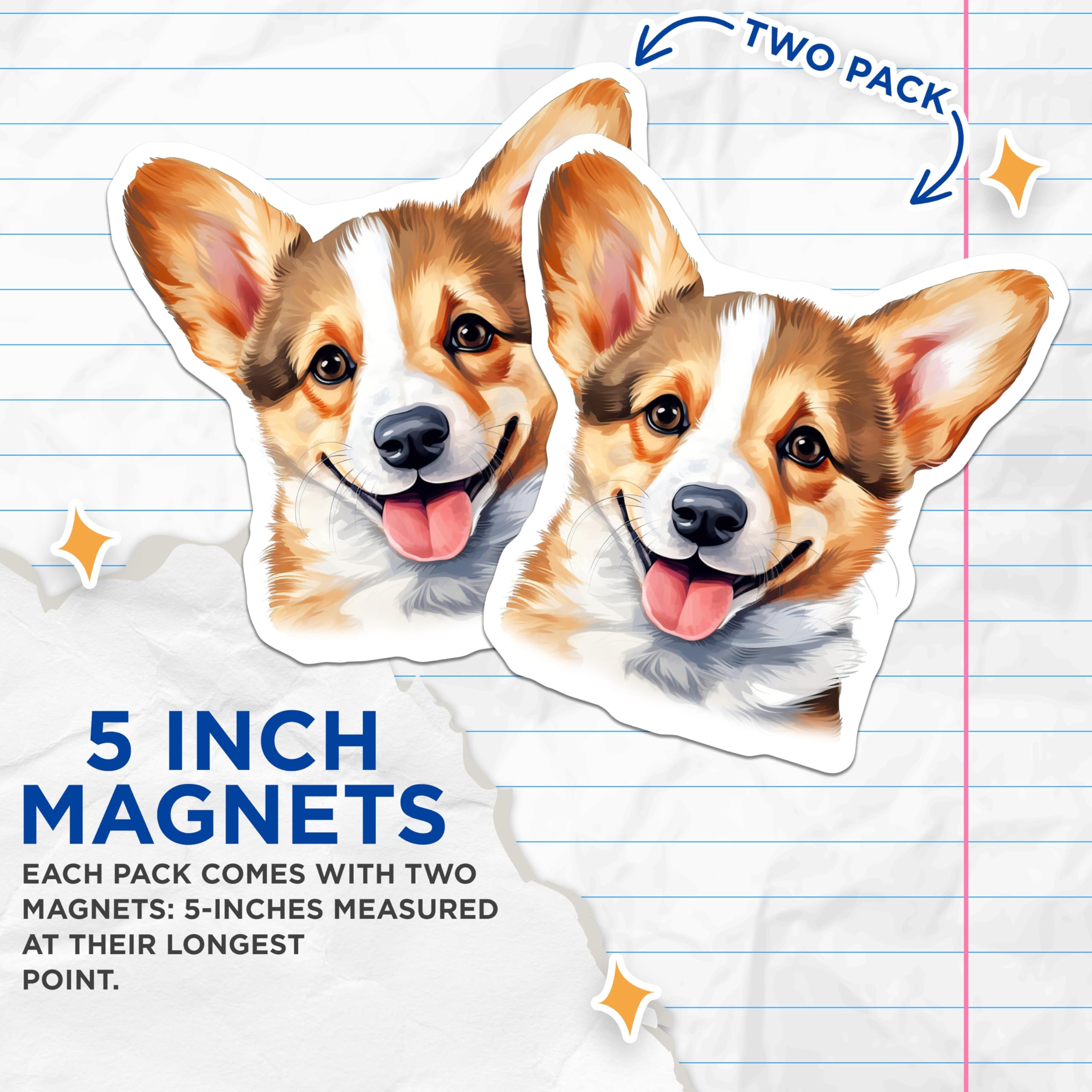 (2 Pack) Corgi Magnets - Happy Dog Face Decor - Pet Lover Refrigerator Accessory - Animal Enthusiast Locker - 5 Inches On Longest Side - Thick Durable Magnet - Made in USA - MAG29341