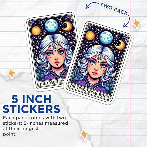 (2 Pack) The Traditional Witch Stickers - Celestial Witch Stickers - Astrology Art Stickers - 5" On Longest Side - Sticks to Smooth Flat Surfaces - Made in USA - BMCS5512