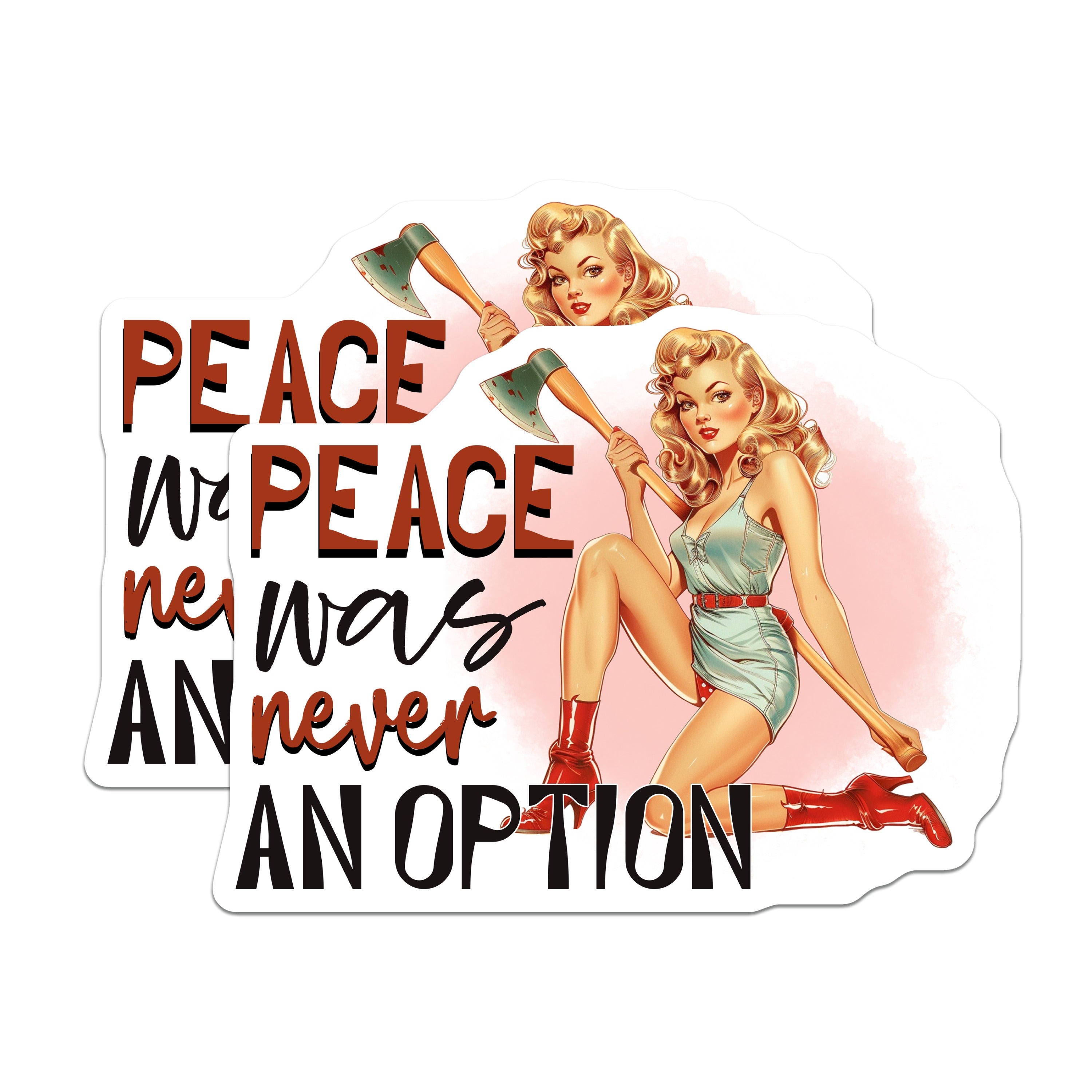 (2 Pack) Pin Up Girl Magnets - Peace was Never an Option - Retro Dark Humor - Vintage Aesthetic Refrigerator Accent - 5 Inches On Longest Side - Thick Durable Magnet - Made in USA - MAG36894