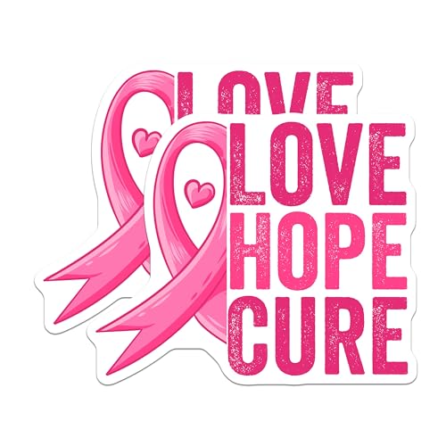(2 Pack) Love Hope Cure Stickers - Pink Ribbon Decal - Awareness Campaign Stickers - 5" On Longest Side - Sticks to Smooth Flat Surfaces - Made in USA - BMCS5797