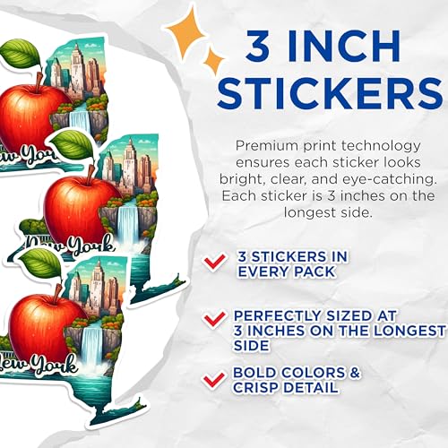 (3 Pack) New York Decals - Apple Skyline - Laptop Decal - 3 Inches On Longest Side - Easy Peel & Apply - Made in USA - 3MCS0154