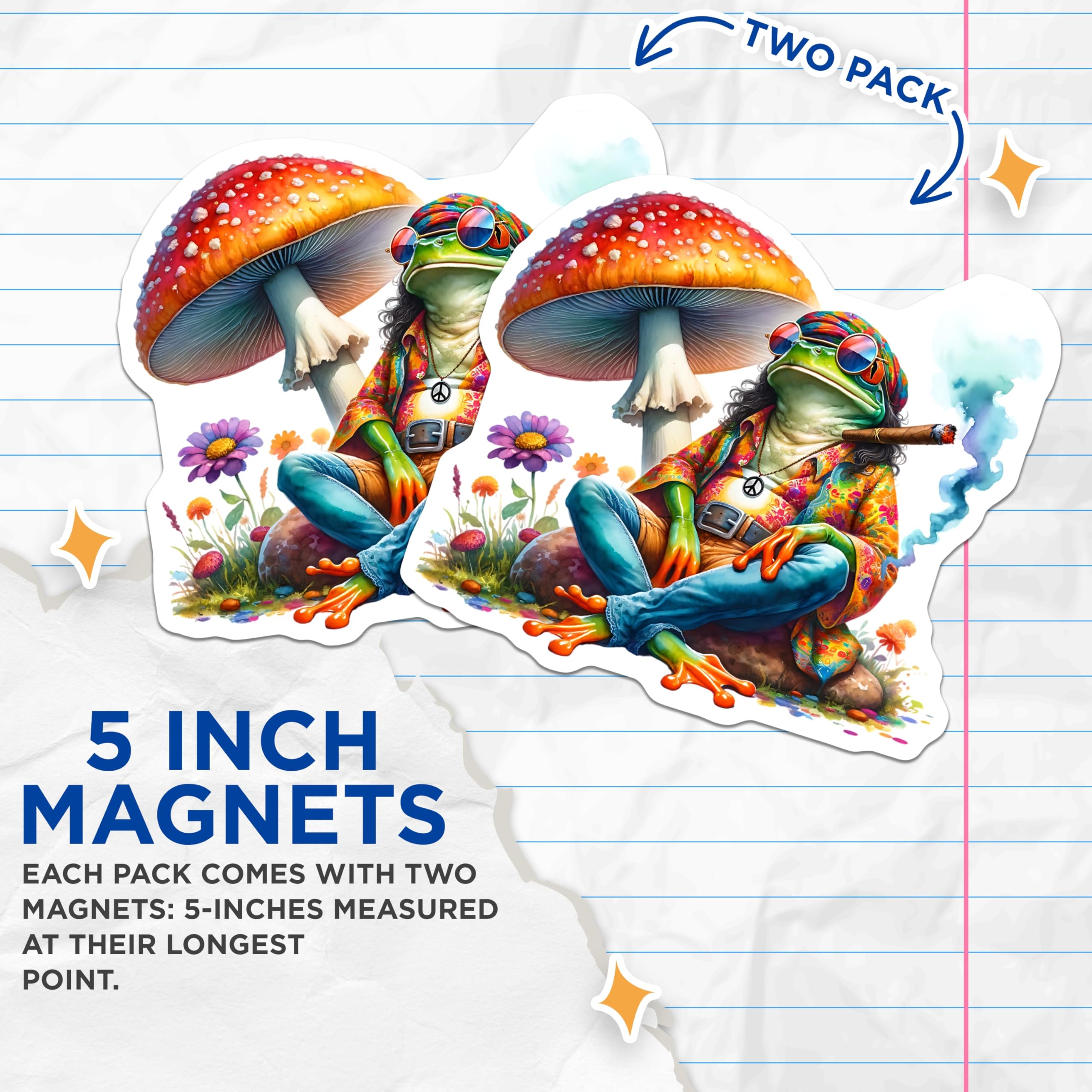 (2 Pack) Hippie Frog Magnets - Mushroom Decor - Funny Frog Art Magnets - 5" On Longest Side - Premium Magnet - for Cars, Refrigerators, Toolboxes, Lockers - Made in USA - MAG16915
