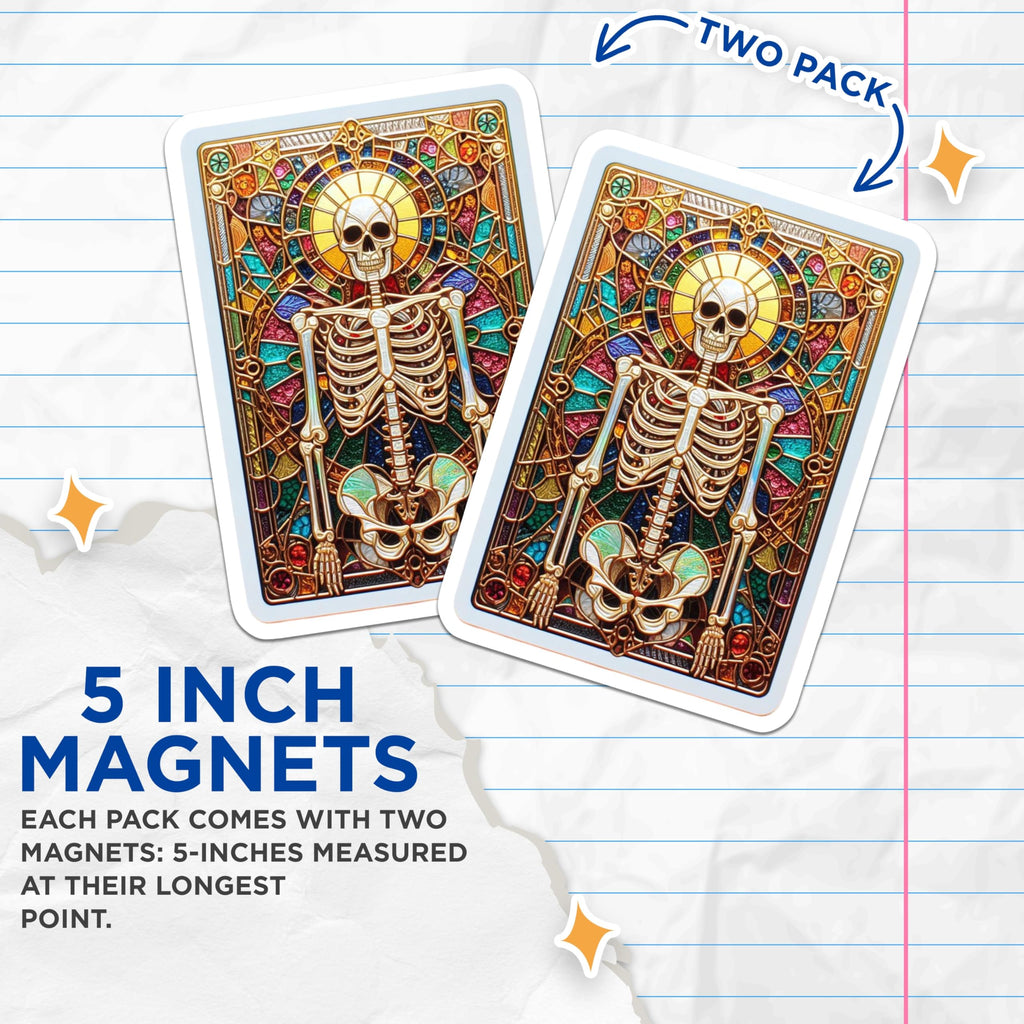 (2 Pack) Stained Glass Skeleton Magnets - Vibrant Gothic Skull Art Decor - Intricate Macabre Bone Design - 5 Inches On Longest Side - Thick Durable Magnet - Made in USA - MAG21441