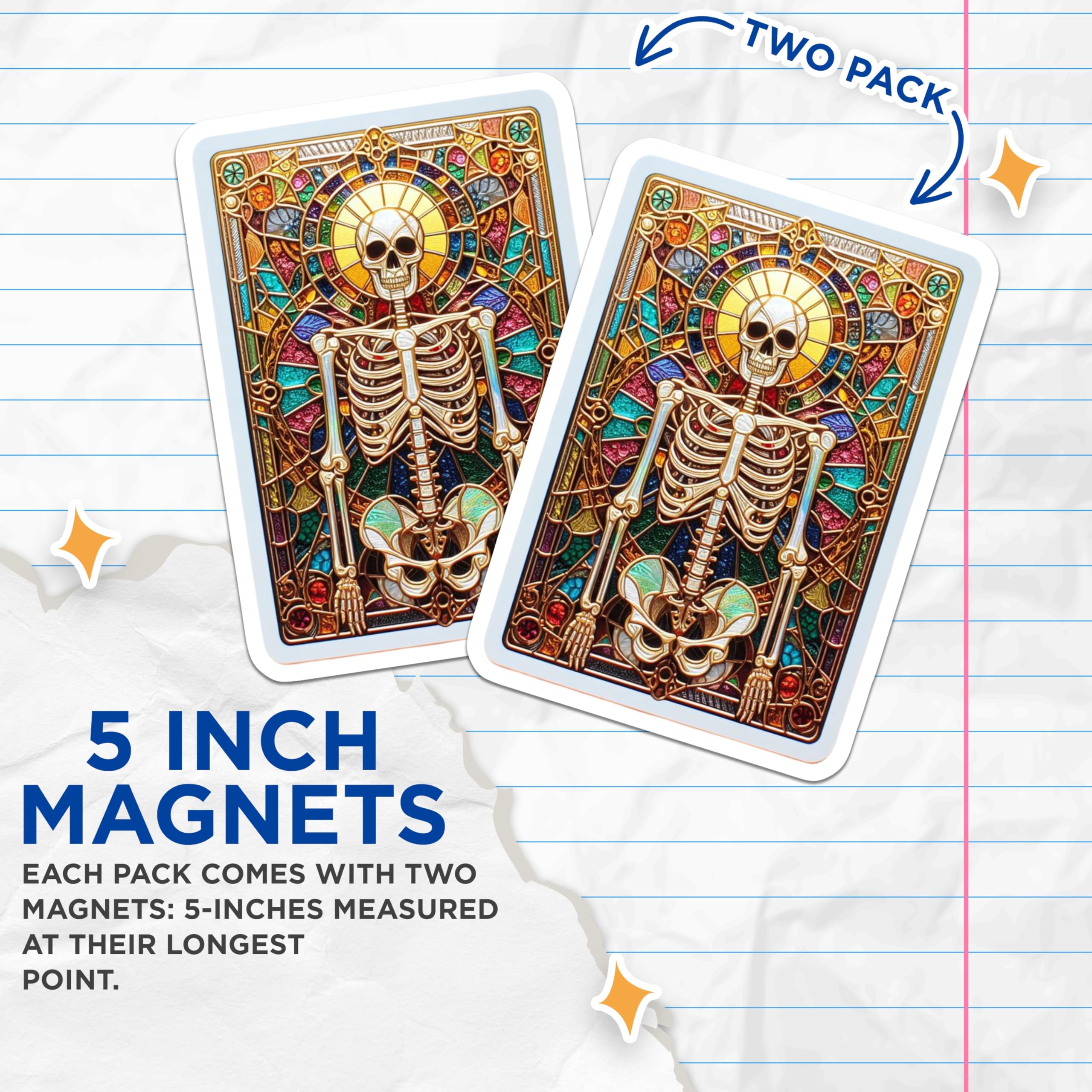 (2 Pack) Stained Glass Skeleton Magnets - Vibrant Gothic Skull Art Decor - Intricate Macabre Bone Design - 5 Inches On Longest Side - Thick Durable Magnet - Made in USA - MAG21441