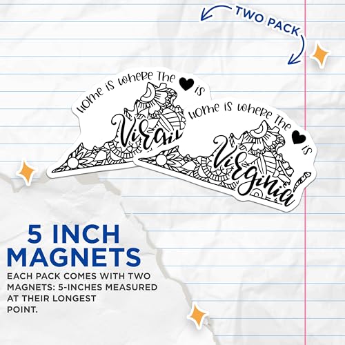 (2 Pack) Home is Where The Heart is Magnets Magnets - Virginia State Quote - Zentangle Art - 5" On Longest Side - Made in USA - Sticks to Refrigerators & Metal Surfaces - MAG9097